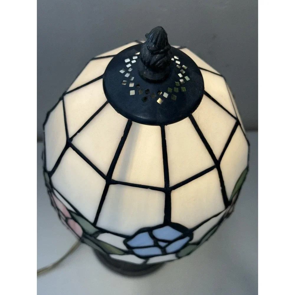 Vintage Tiffany Style Accent Table Lamp Pink Blue Roses Stained Glass Flower 13